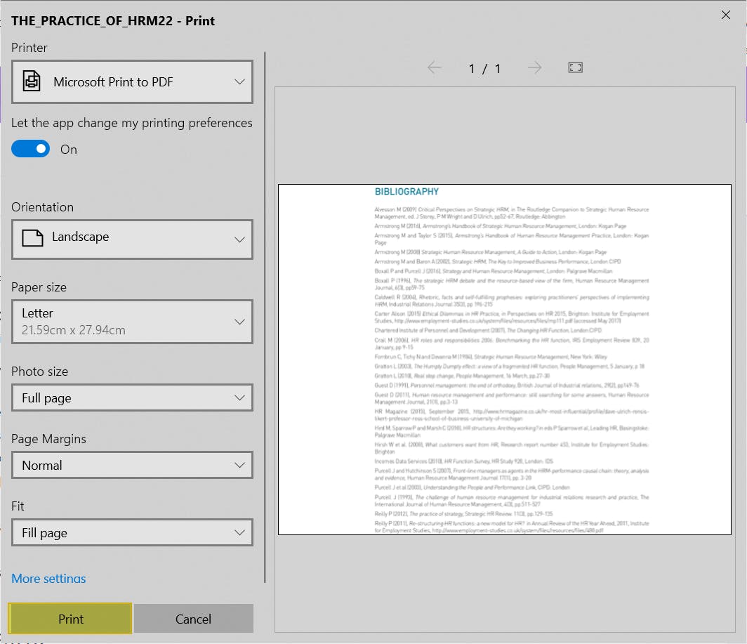 Print settings dialog box. The Print button is highlighted.