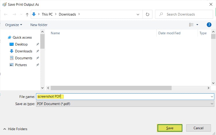 Save Print Output As dialog box with the  File name "screenshot PDF" highlighted, and the Save button highlighted. 