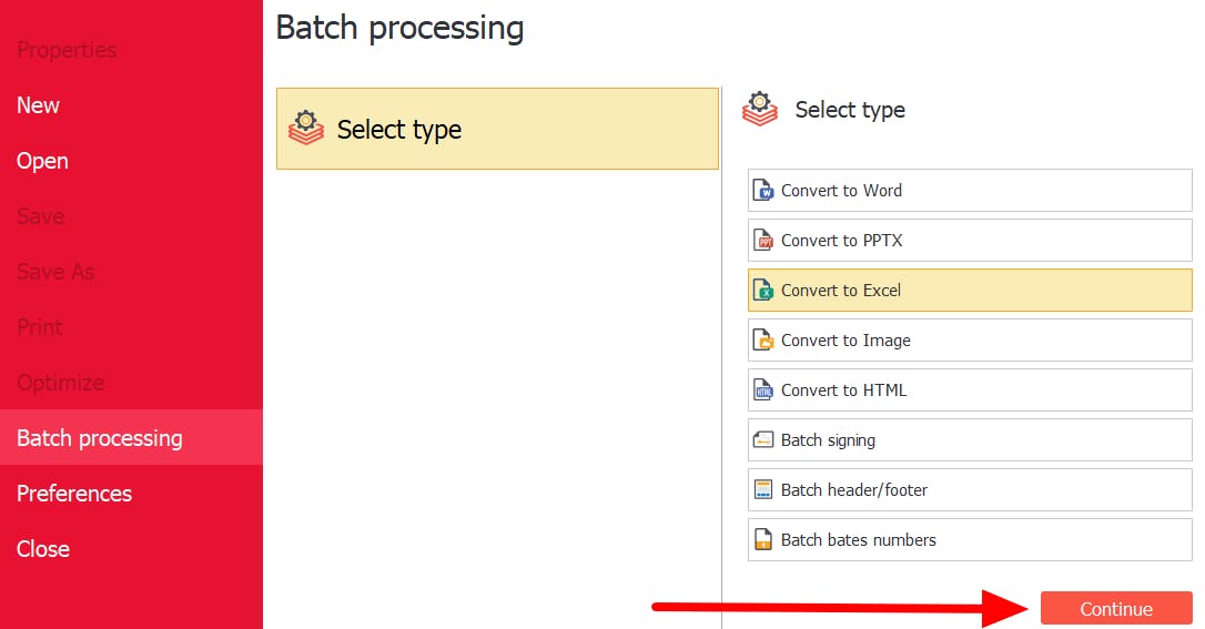 PDF Pro's Batch Processing, Convert to Excel menu. The Continue button has a red arrow pointing at it. 