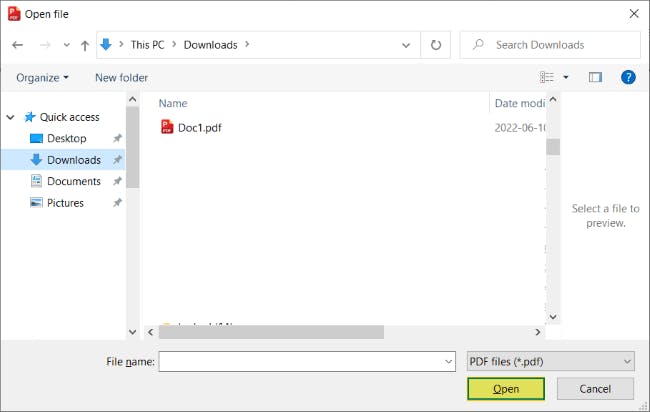 Open file dialog box with a PDF titled "Doc1" showing. The Open button is highlighted. 