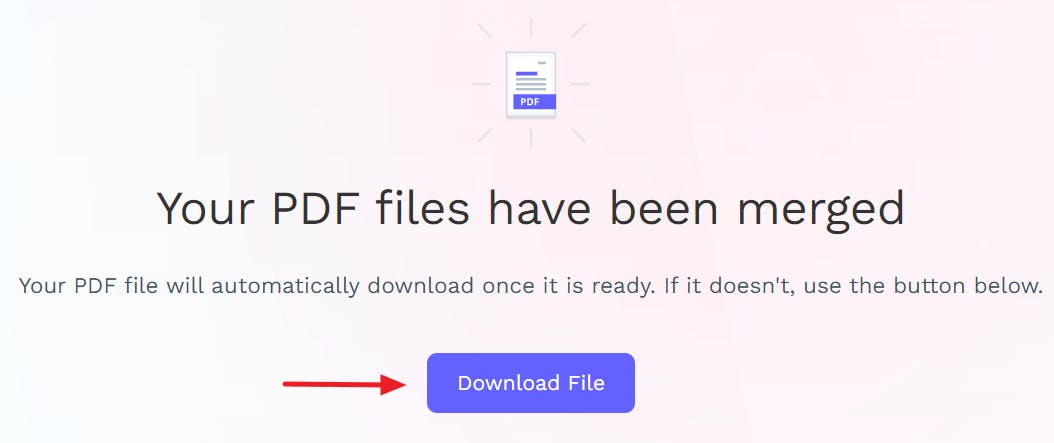 Screenshot of PDF Pro's online Merge tool after use. A red arrow is pointed at the Download File button.