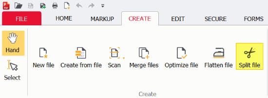Split file button highlighted in PDF Pro. 