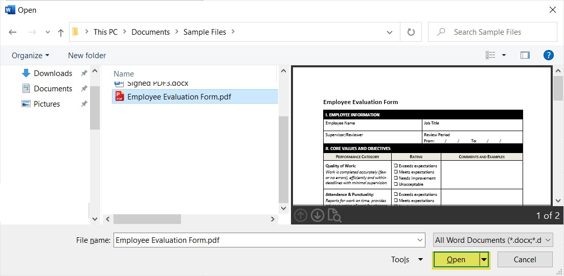 Microsoft Word Open dialog box. A PDF titled "Employee Evaluation Form" is selected. The Open button is highlighted. 