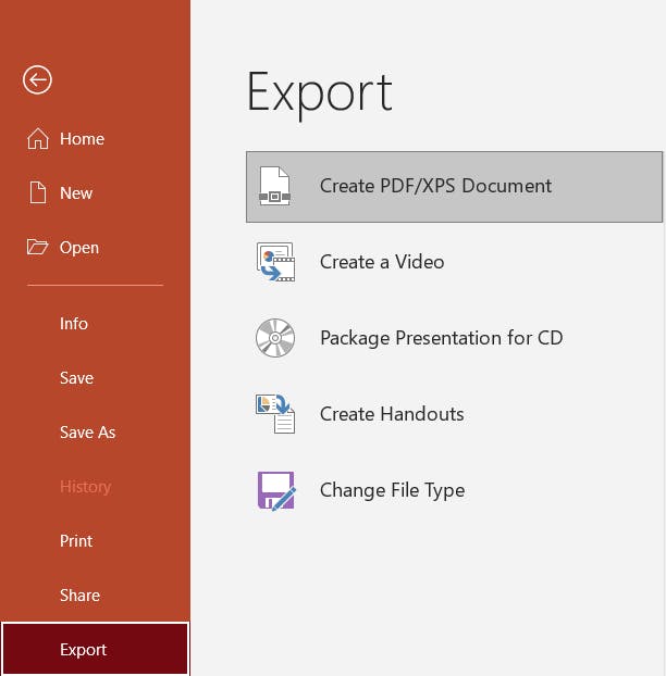 Export button in Microsoft PowerPoint.