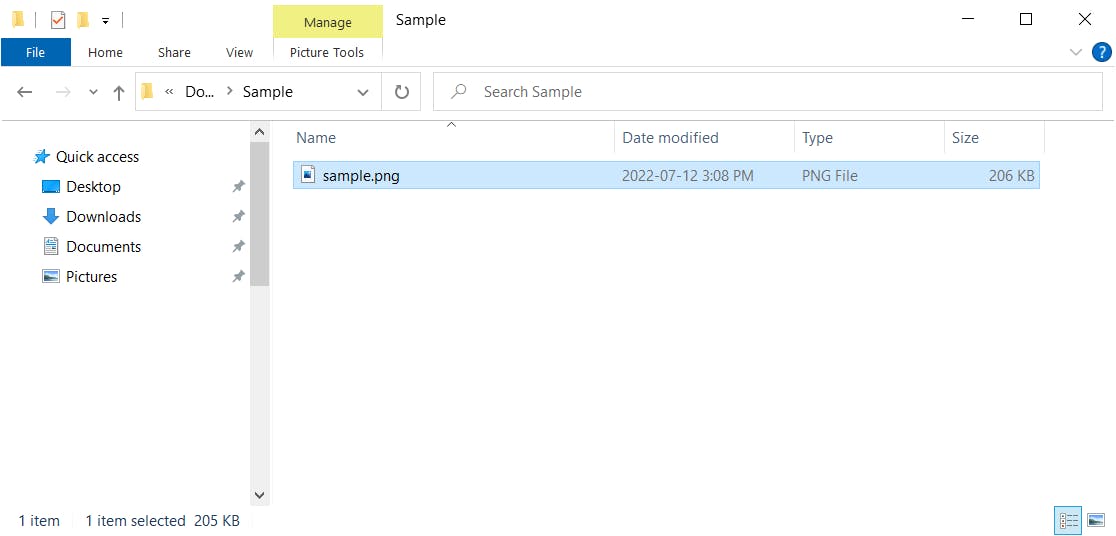 File explorer dialog box open, showing a selected PNG file titled "sample".