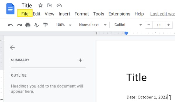 File menu button is highlighted within Google Docs. 