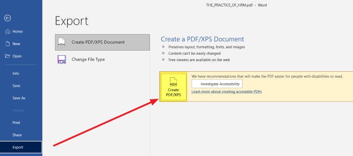 Create PDF/XPS button highlighted in MS Word. A red arrow point to the button. 
