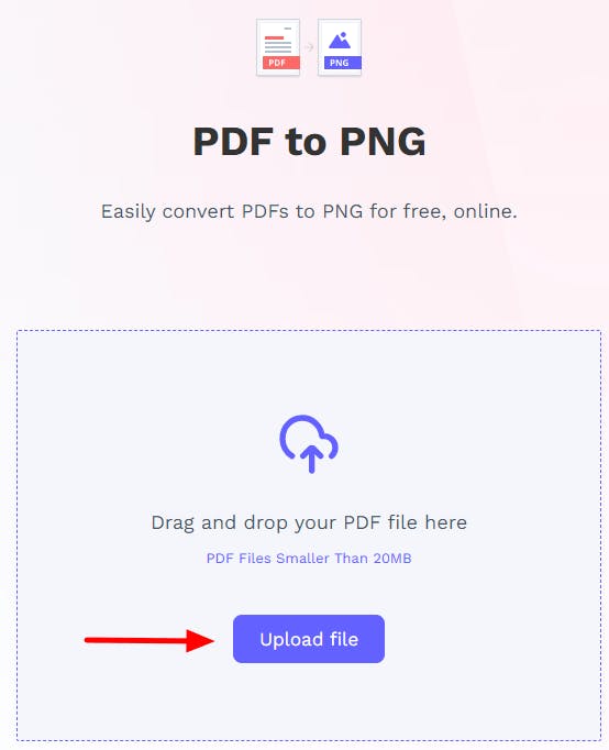 PDF Pro's PDF to PNG converter. There is a red arrow pointing at the Upload button.