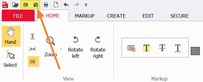 PDF Pro Save and Save As icons highlighted.