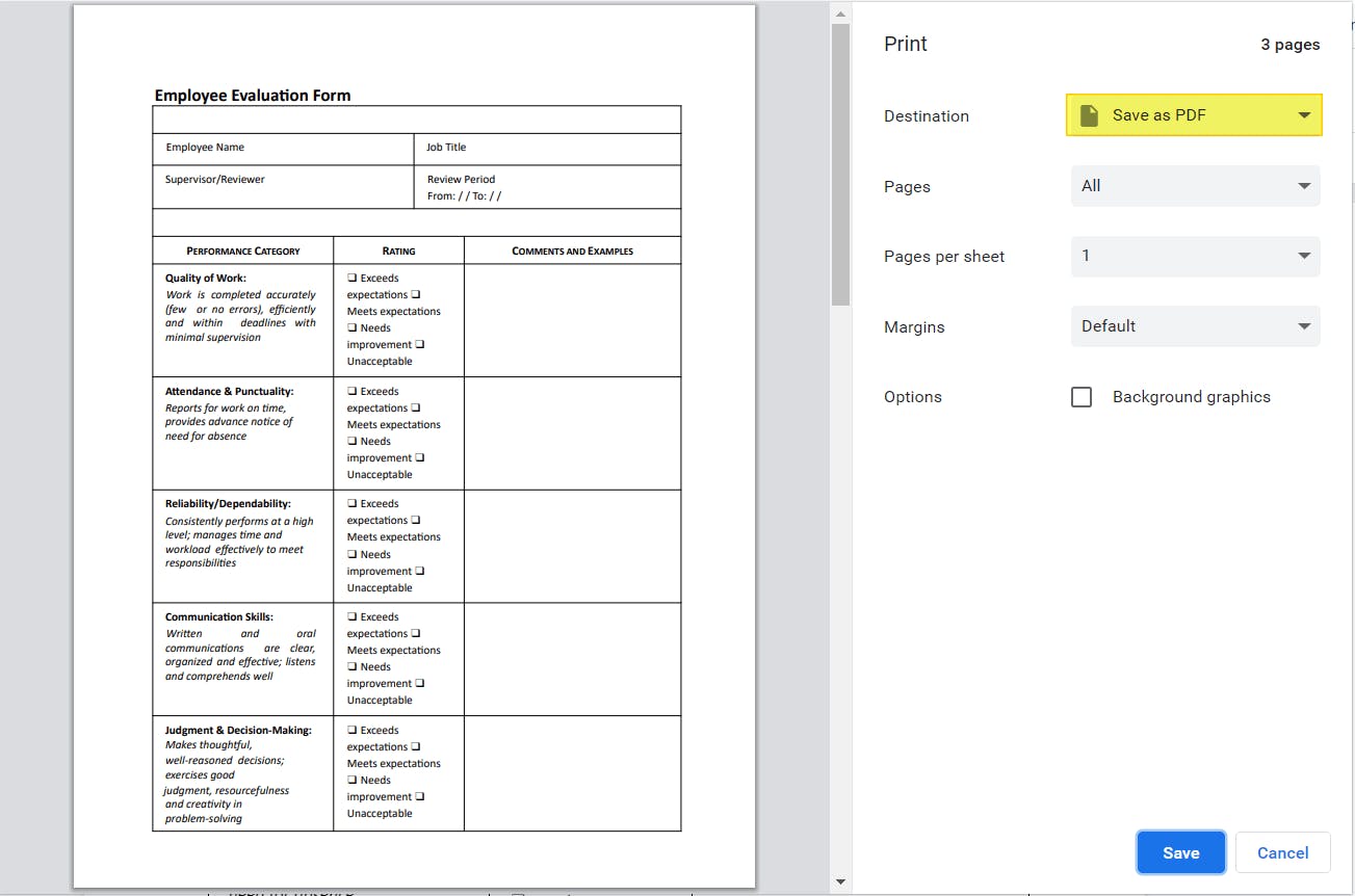 Google Docs Print settings window. The Destination field says "Save as PDF" and is highlighted. 