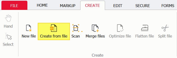 PDF Pro's Create tab. The "Create from file" button is highlighted. 