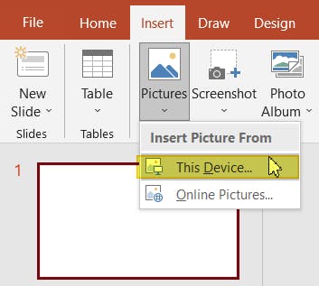 PowerPoint Insert tab, the Insert Pictures button is clicked. From the dropdown "This Device..." is highlighted. 