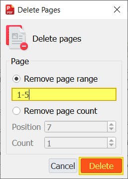 Delete Pages dialog box with Page Range field highlighted, and "1-5" entered in the field. The red Delete button is also highlighted.