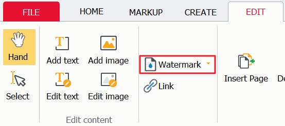 Watermark button with a red box around it in PDF Pro. 