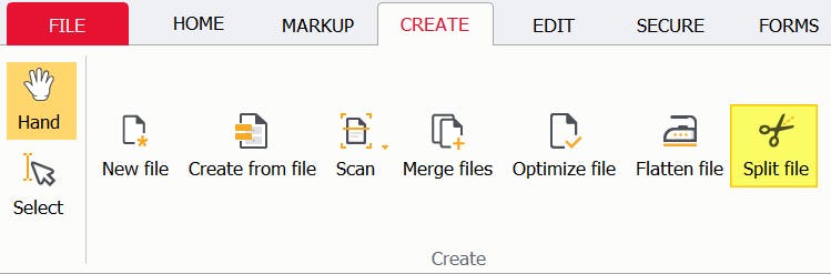 PDF Pro's Create tab. The Split File button is highlighted.