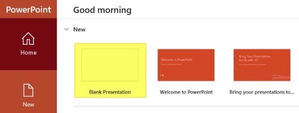 PowerPoint blank presentation button highlighted.