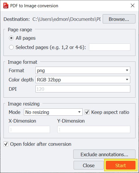 PDF Pro's "pdf to image conversion" dialog box. The Start button is highlighted. 