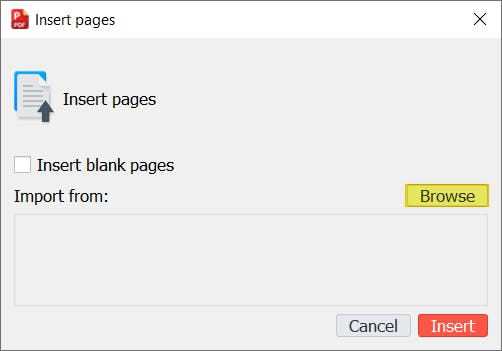 PDF Pro's Insert Pages dialog box. The Browse button is highlighted. 