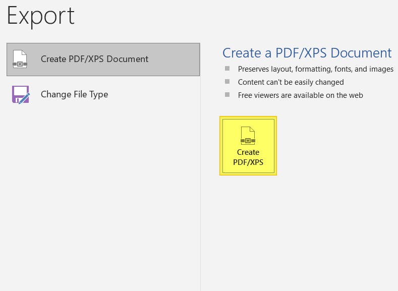 Create PDF/XPS button highlighted in Microsoft Word.