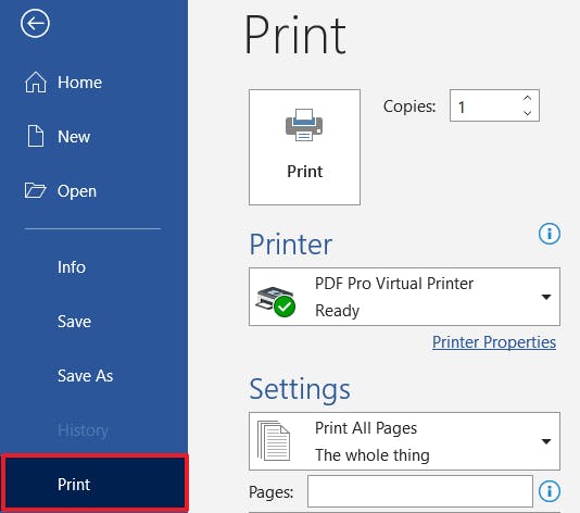 Print button with red box around it in Word.