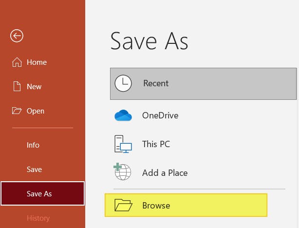 PowerPoint File menu. The Browse button is highlighted, within the Save As option.