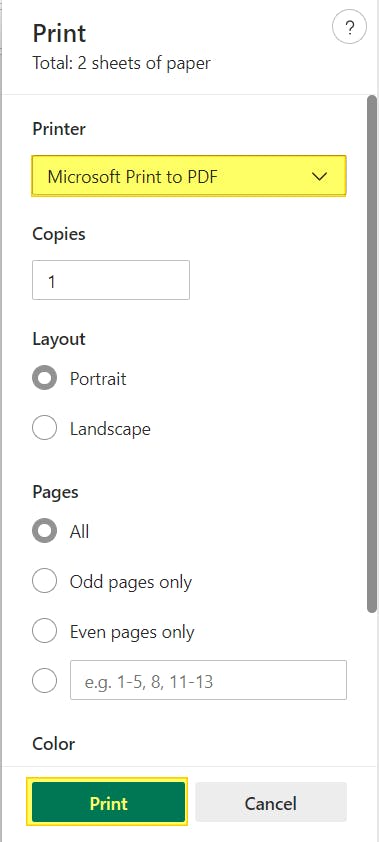 Print settings in Microsoft Edge. The printer is set to Microsoft Print to PDF and is highlighted. The Print button is also highlighted. 