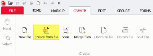 Create from file button is highlighted within PDF Pro. 