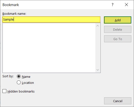Sample Bookmark and add bookmark buttons highlighted in Bookmark dialog box.
