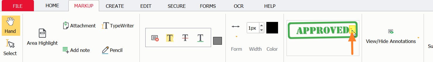 PDF Pro's stamp tool's down caret is highlighted and has an orange arrow pointed at it.