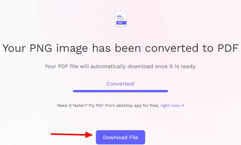 PDF Pro's online PNG to PDF converter after conversion. There is a red arrow pointing at the download button.