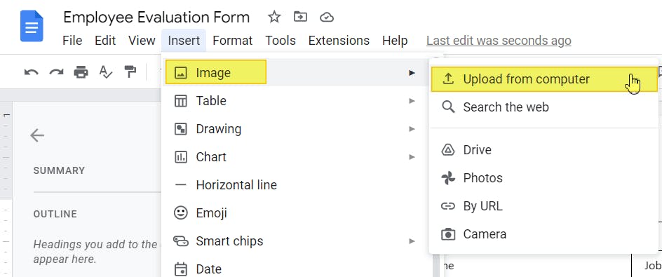 Google Docs insert image context menu is showing. The "Upload from computer" option is highlighted and has the mouse cursor on it. 
