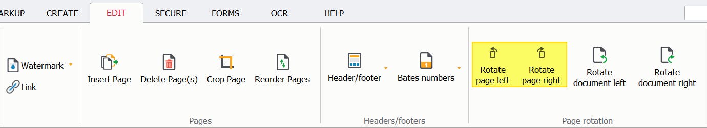 PDF Pro's Rotate Page Left and Rotate Page Right buttons are highlighted within the Edit tab.