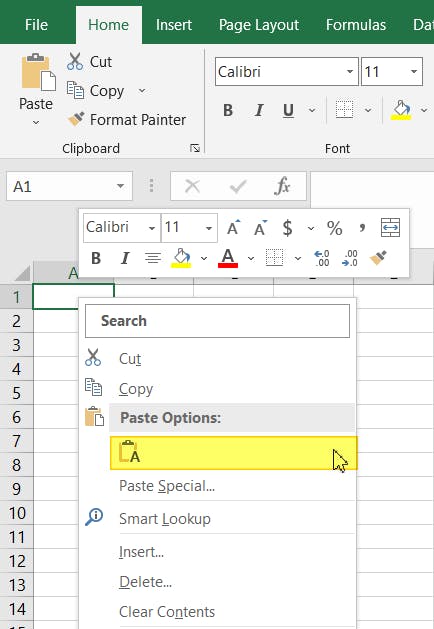 Microsoft Excel. The Right-click context menu is showing. The Paste text button is highlighted. 