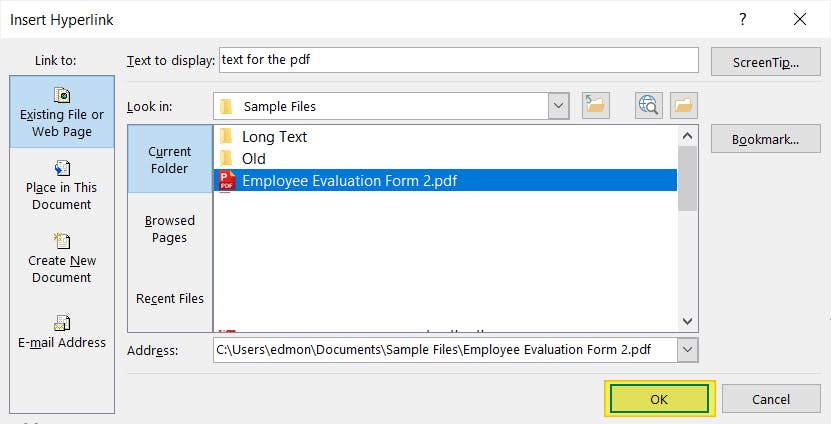 PowerPoint's Insert Hyperlink dialog box. The file OK button is highlighted.
