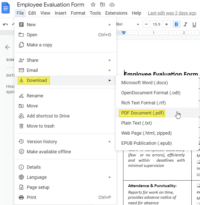 Google Docs Download as PDF option highlighted within the File context menu.