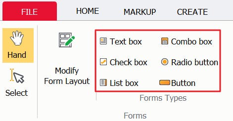 Form types buttons in PDF Pro, highlighted by a red box surrounding it.