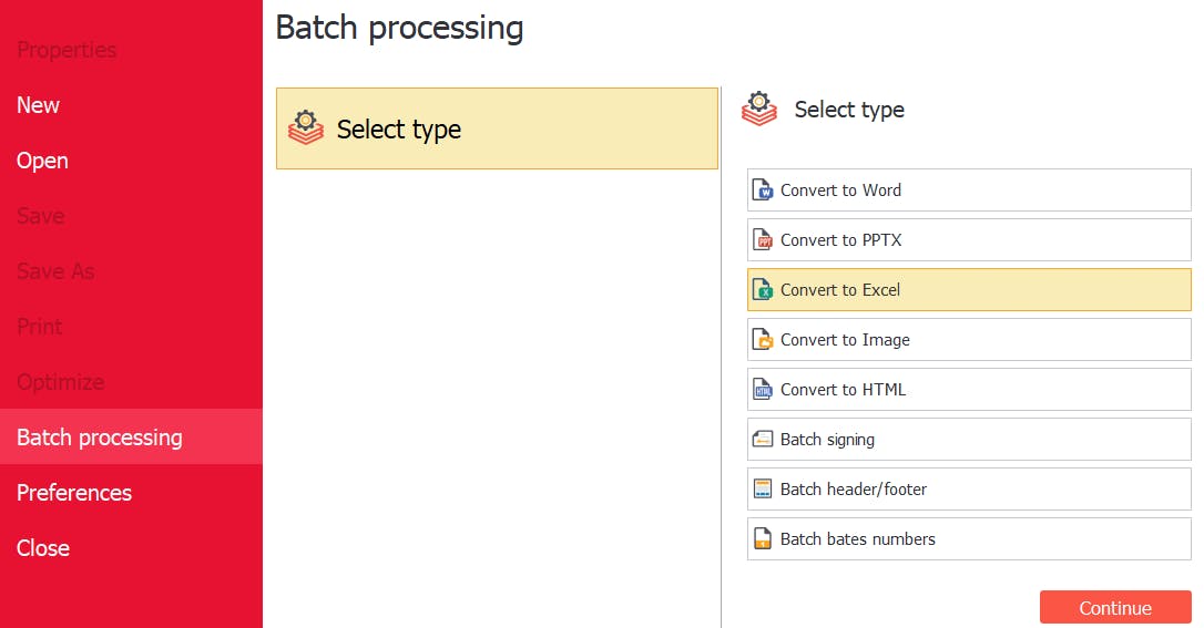 PDF Pro's batch processing menu. The Convert to Excel button is selected.