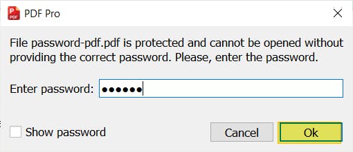 PDF Pro password prompt dialog box. The OK button is highlighted. 