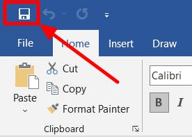 In Microsoft Word, the Save icon has a red box around it. 