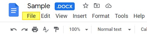 File menu button highlighted in Google Docs.