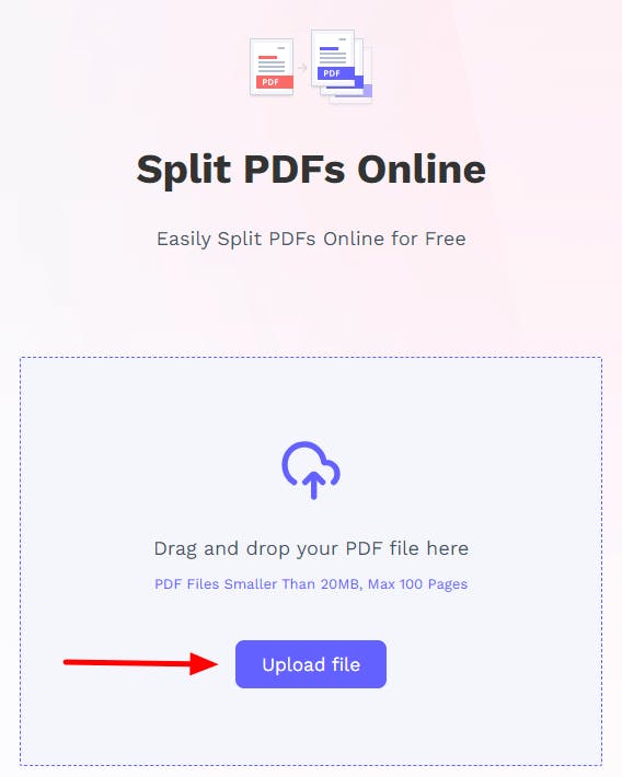 PDF Pro's Split tool. There is a red arrow pointing to the Upload File button.