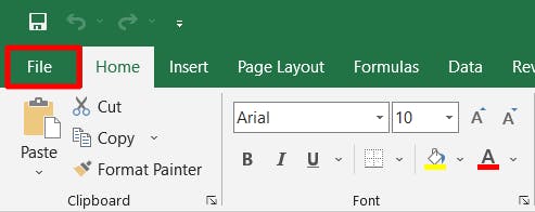Microsoft Excel tool bar. There is a red box around the File menu button.
