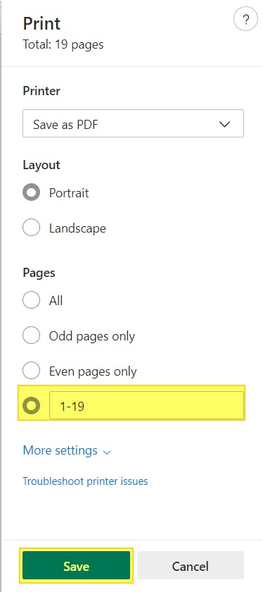 Page Range field shows 1-19, with the field being highlighted. The Save button is also highlighted. 