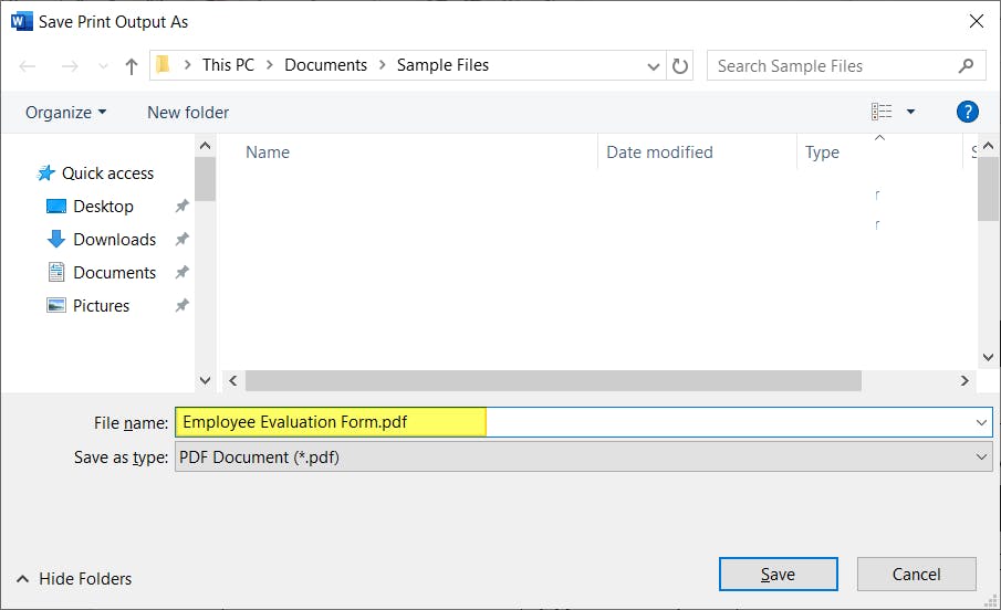 Microsoft Word Save Print Output As dialog box with the File Name highlighted.