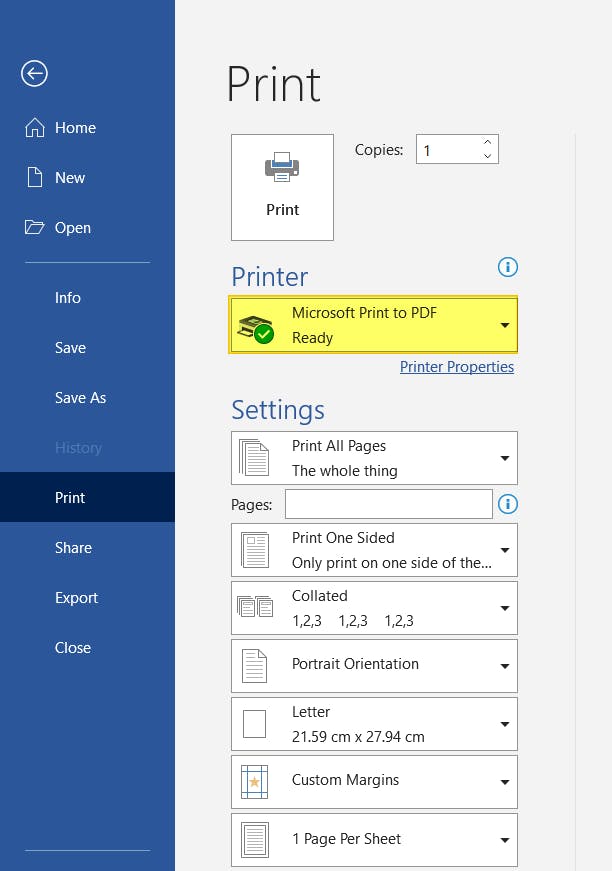 Microsoft Word Printer selection as Microsoft Print to PDF.