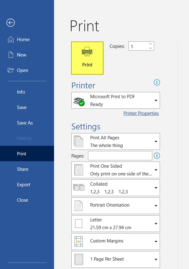 Microsoft Word Print button in the File menu.