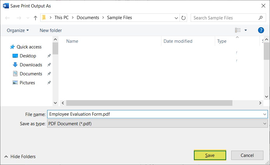 Microsoft Word Save Print Output As dialog box with the Save button highlighted.