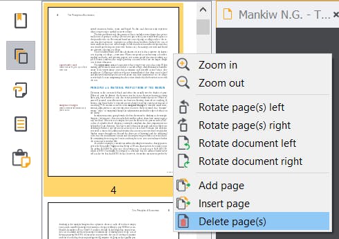 Thumbnail of a page is selected. The context menu is being shown, and the Delete page(s) option is being highlighted. 
