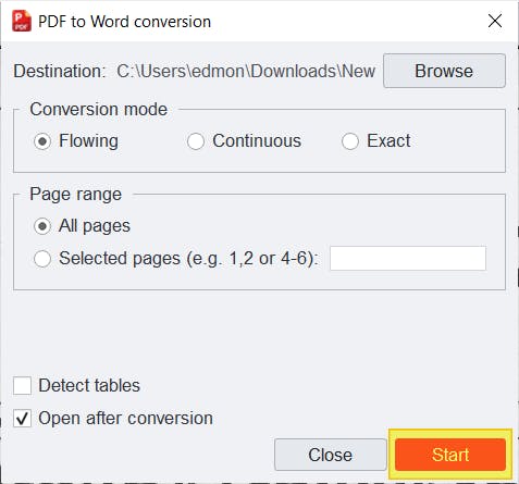 PDF to Word conversion dialog box with the start button highlighted.