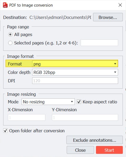 PDF to Image conversion dialog box with the Image Format selection highlighted and set as PNG.